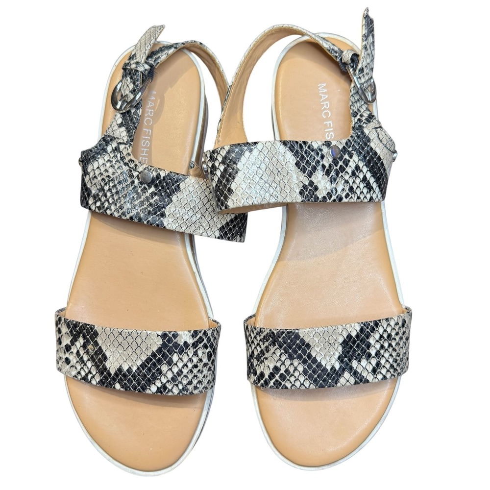 Marc Fisher Shoes Womens Size 9.5 Gray Snake Print Wedge Strappy Sandals MFGORDY